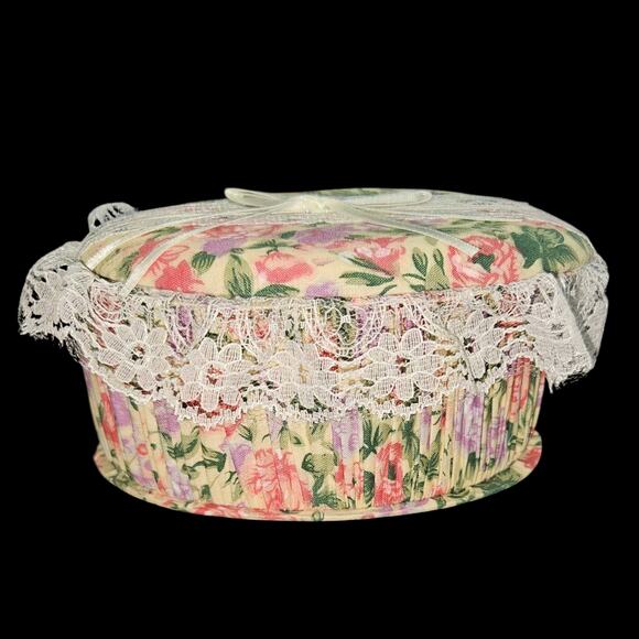 Vintage Floral Fabric Jewelry Box Oval Lace Trim Ribbon Bow Cottagecore Vanity - Picture 2 of 4